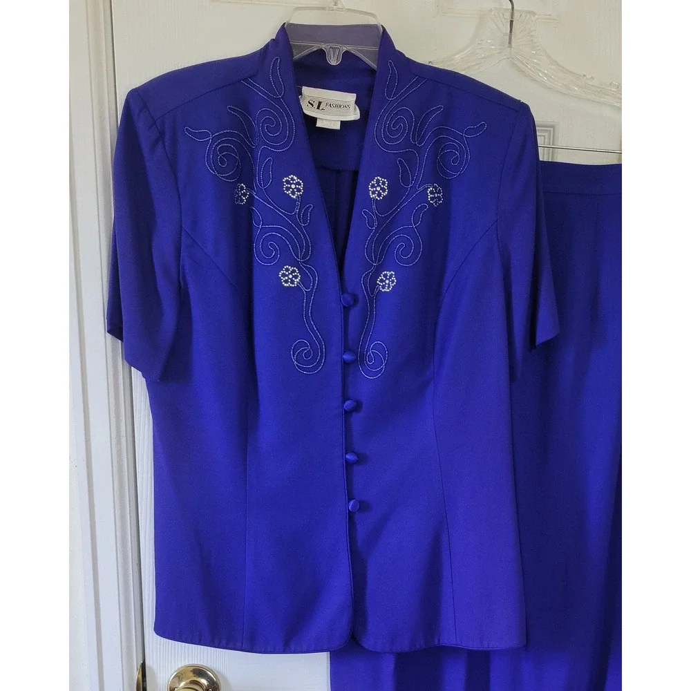 Vintage Royal‎ Blue Skirt Suit Short Sleeve Embroidered Beaded 2pc Size 14 USA